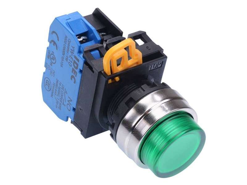 IDEC Pushbutton - illuminated / YW series, Ø30mm dome pilot light /extended button, Momentary, Metal bezel, 1NO, 0NC Green 24V AC/DC;