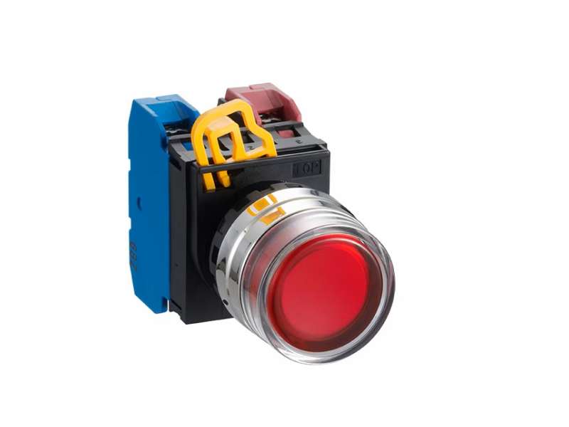 IDEC Pushbutton - illuminated / YW series, Ø30mm extended with full shroud, Momentary, Metal bezel, 1NO, 0NC Red 24V AC/DC; YW4L-MF2E