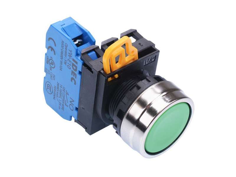 IDEC Pushbutton - non illuminated / YW series, Ø30mm button, Maintained, Metal bezel, 1NO, 0NC Green; YW4B-A1E10G